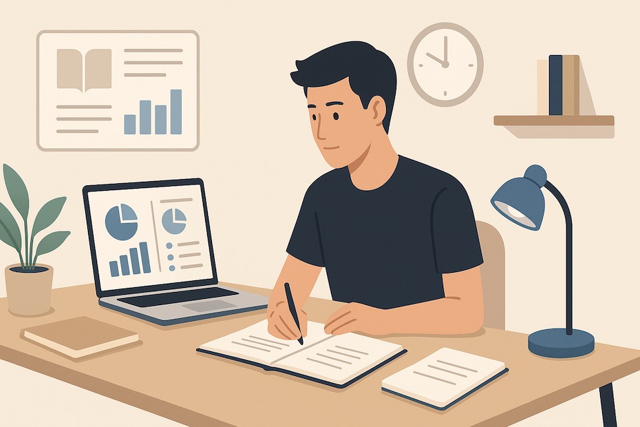 Student working at a laptop with notes and business dashboards in a minimalist study environment.